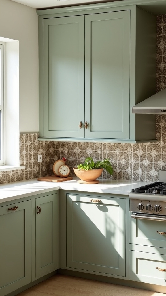 sage walls with patterned backsplash