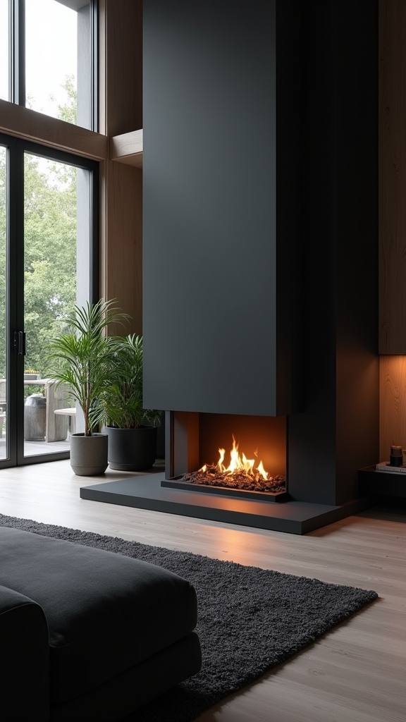 sculptural black minimalist fireplace