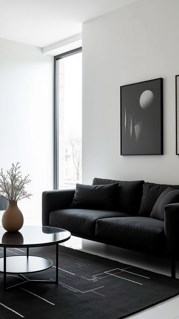 sleek black minimalist living room