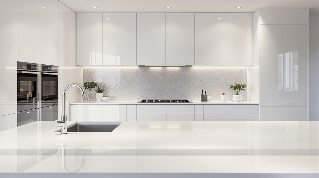 sleek reflective white kitchens