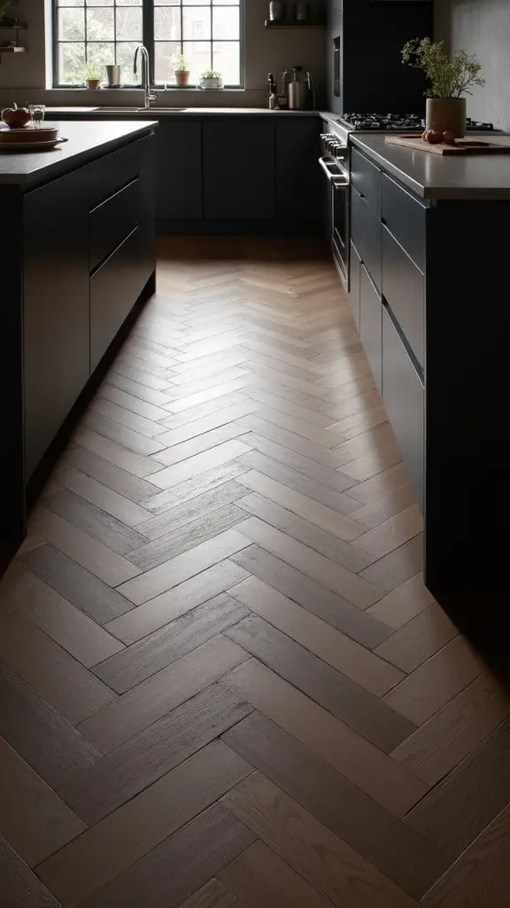 sophisticated dark herringbone flooring