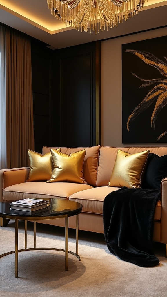 tan couch gold black decor