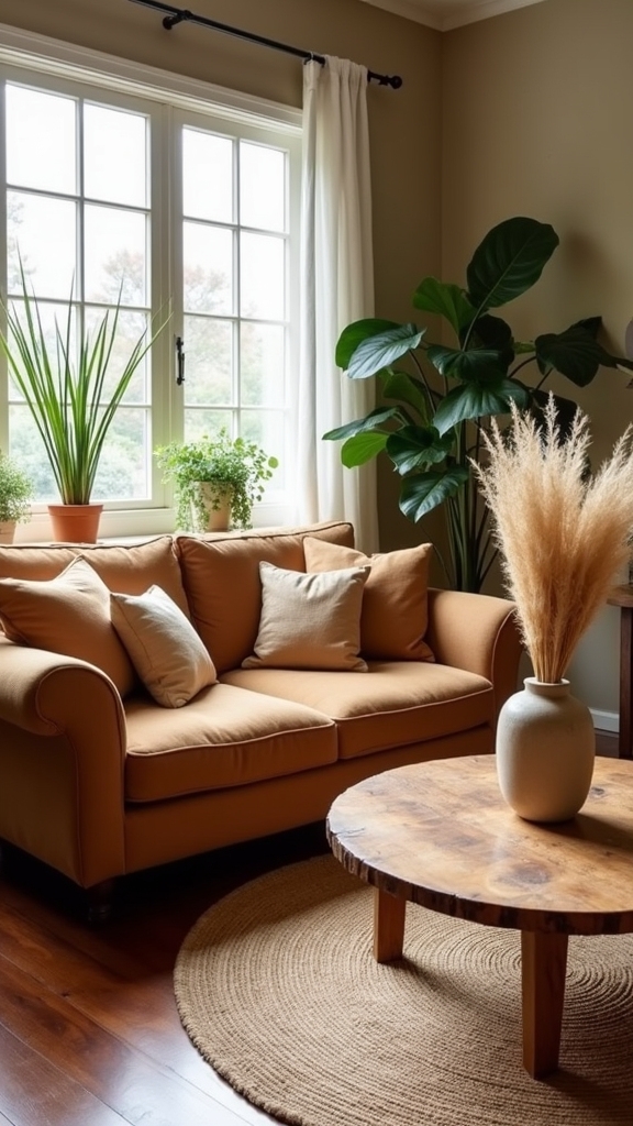 tan sofa adds warmth