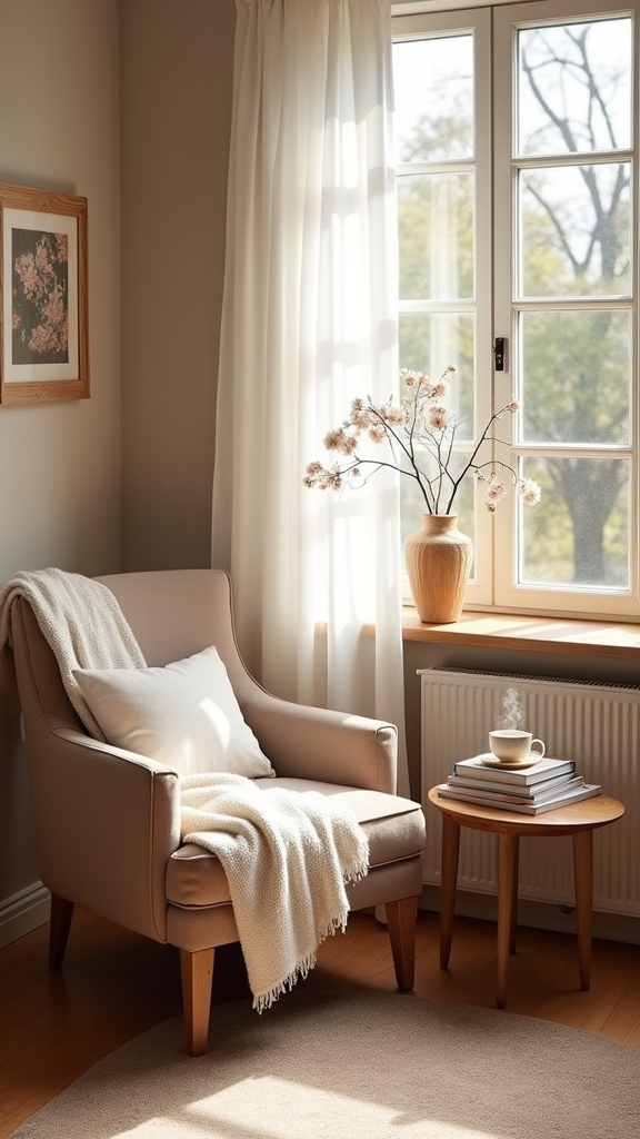 taupe and white reading nook
