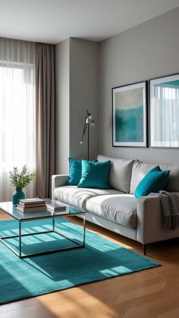 teal accessories enhance grey decor