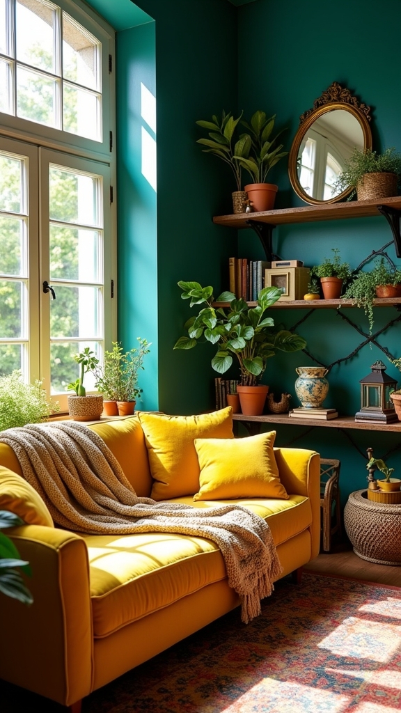 teal and yellow boho decor