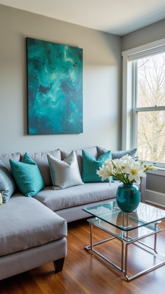 teal artwork complements gray furnishings