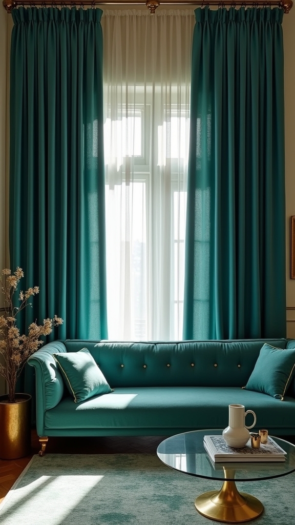 teal curtains and coordinating sofa