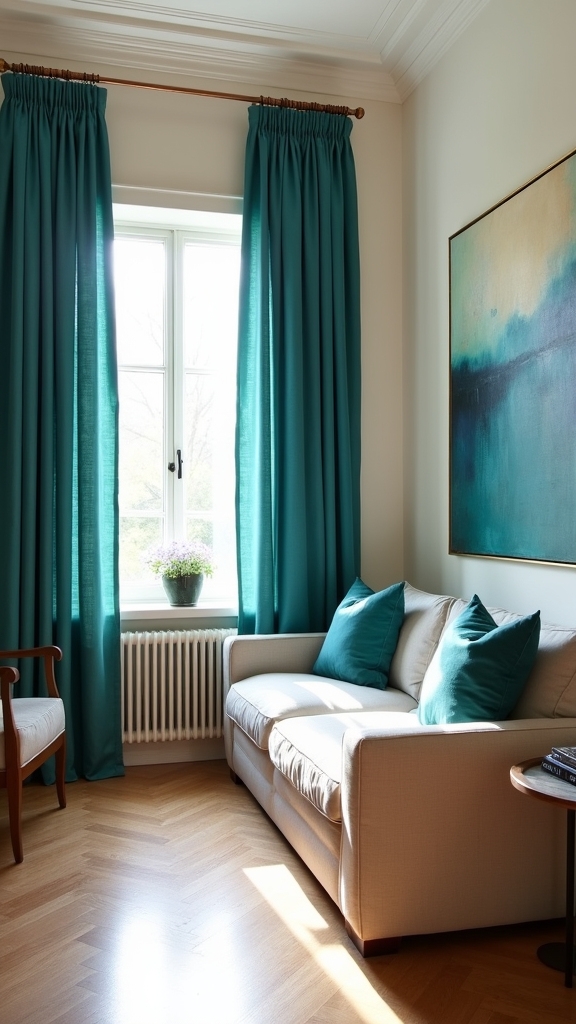teal curtains neutral walls