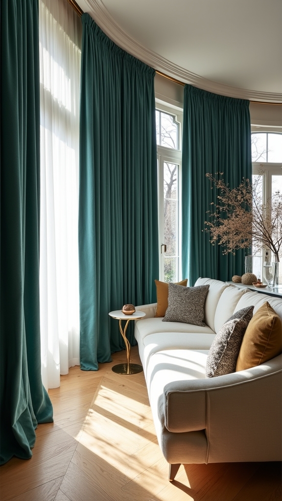 teal draperies enhance living spaces