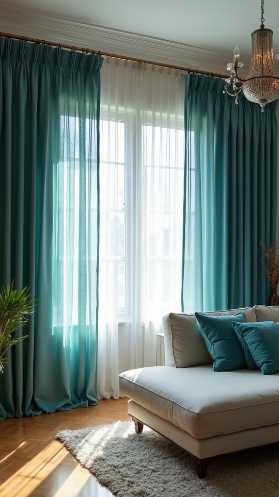 teal drapes enhance space