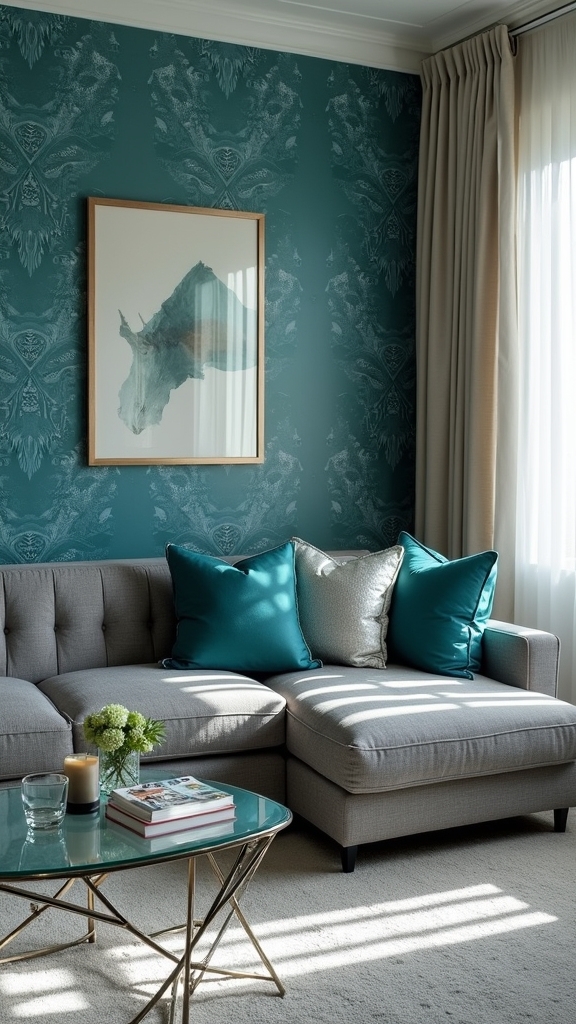 teal wallpaper with neutral furnishings