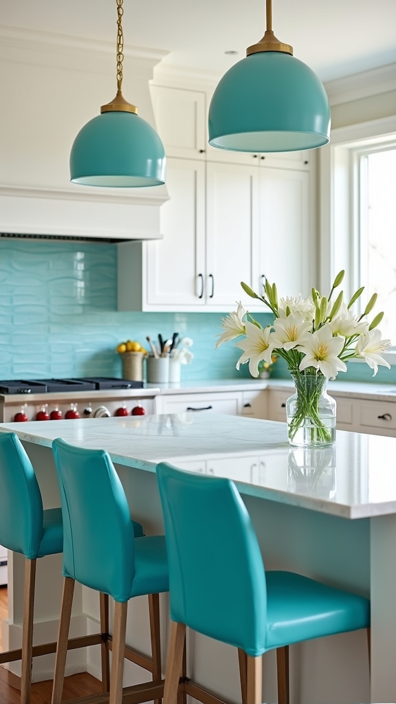 turquoise accents enhance coastal kitchens