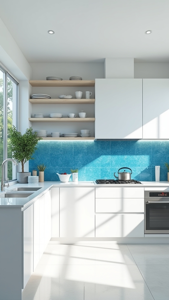 vibrant blue geometric backsplash