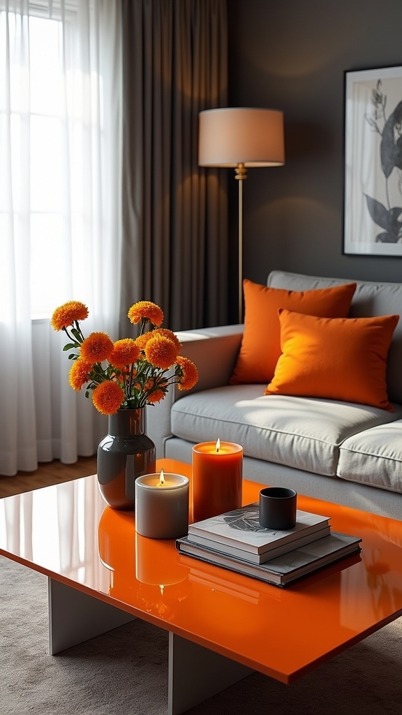 vibrant orange coffee table styling