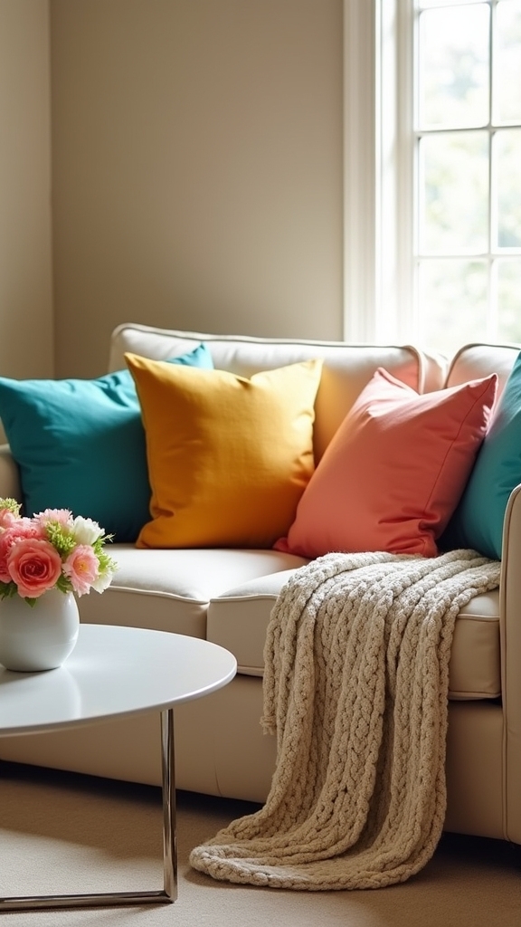 vibrant pillows enhance living room