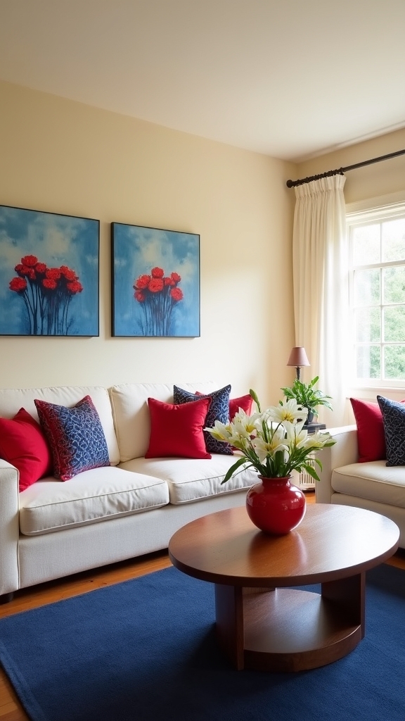 vibrant red and blue accents