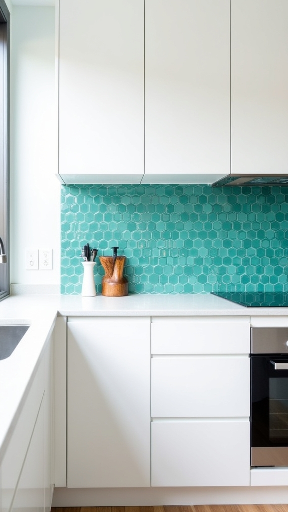 vibrant teal hexagon backsplash
