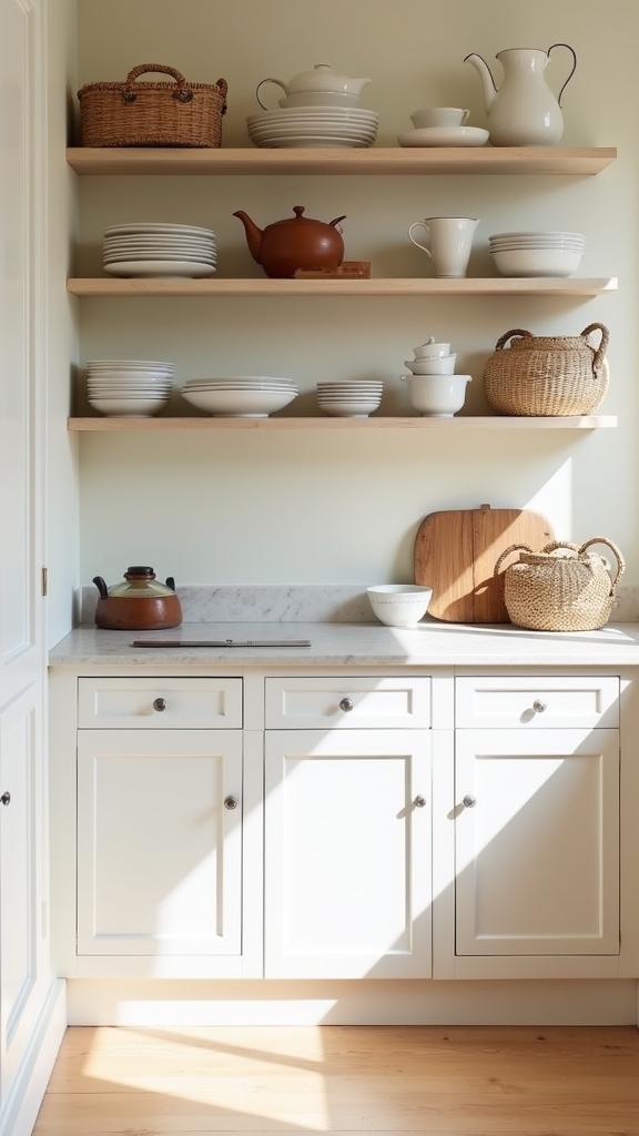 warm minimalist open shelving