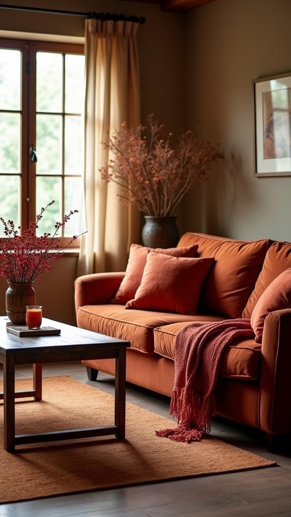 warm red accents enhance brown