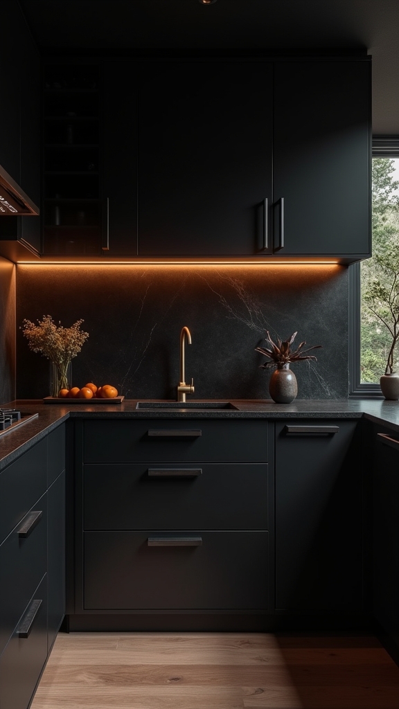 warm wood contrasts black cabinets