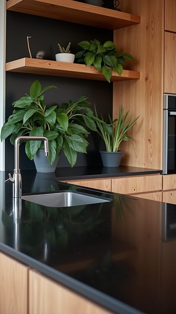 warm wood contrasts black countertops