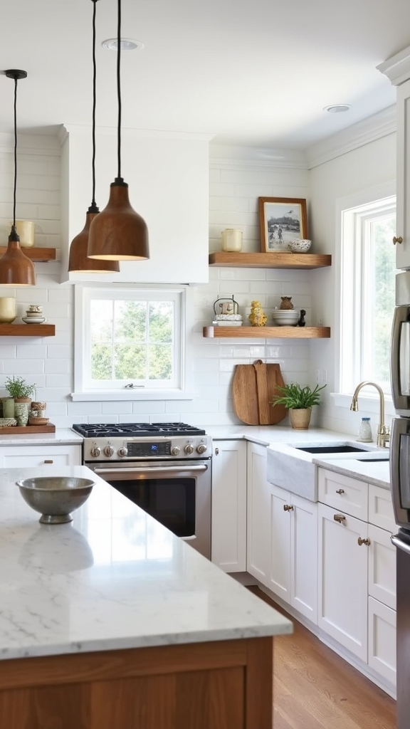 warm wood enhances white kitchens