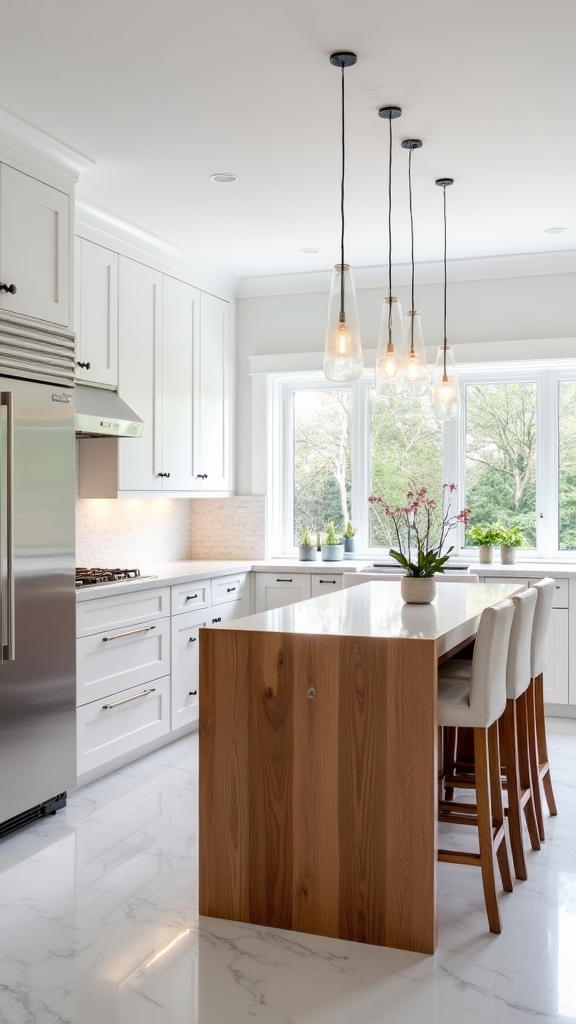 warm wood enhances white kitchens