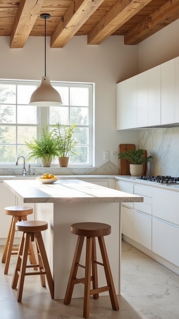 warm wood enhances white kitchens