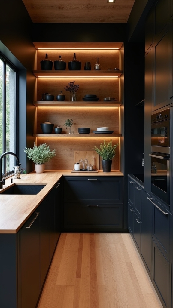 warm wood open shelving