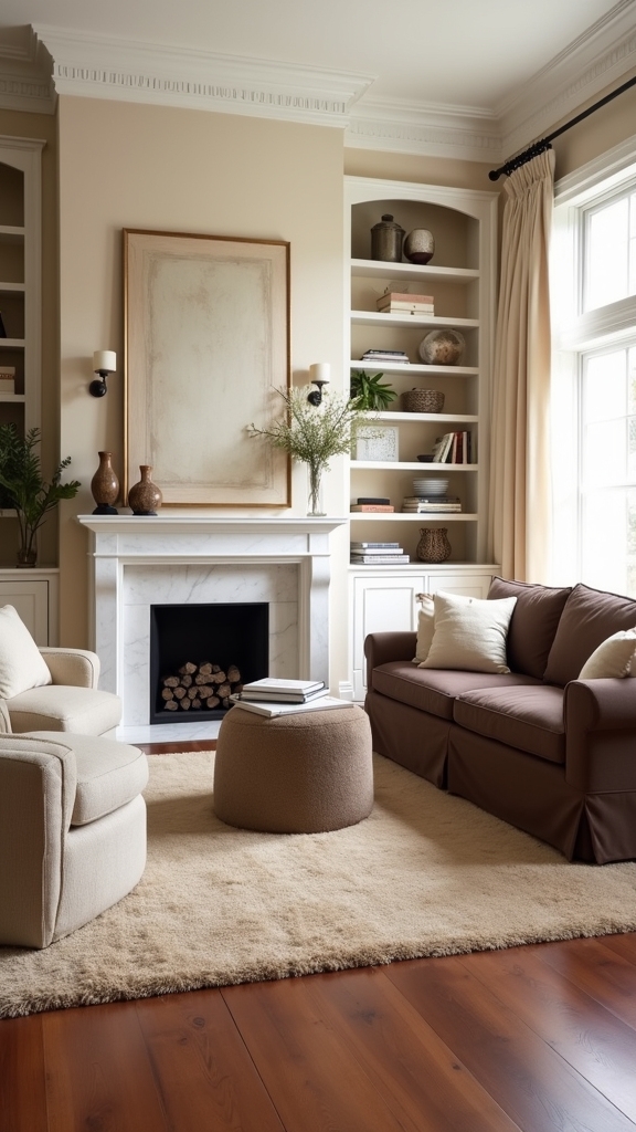 white accents enhance brown spaces