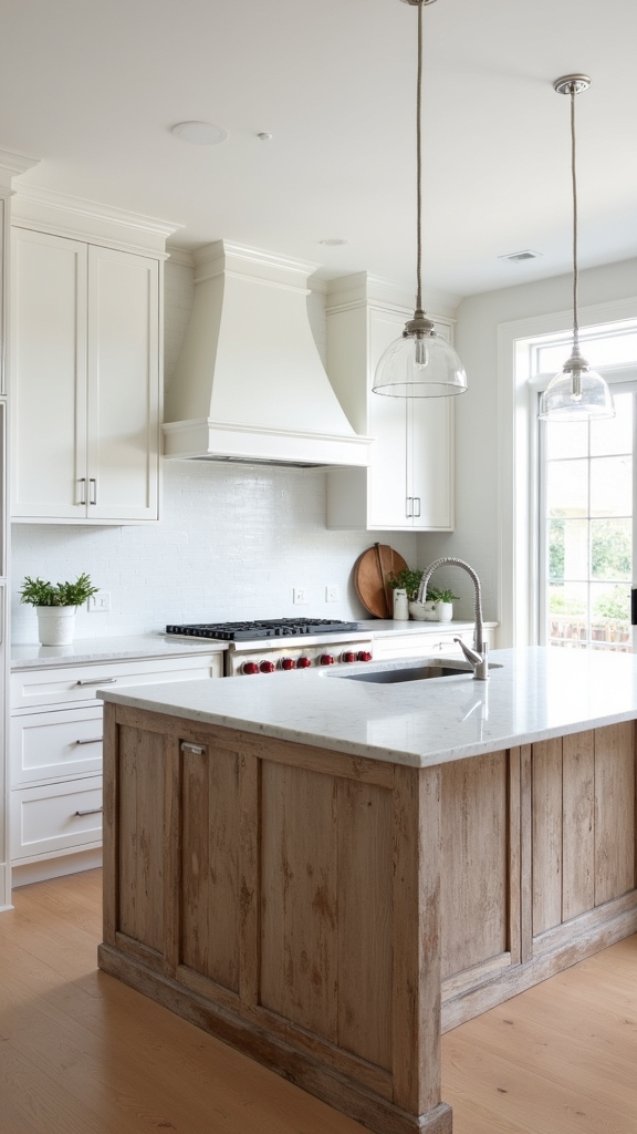 white cabinetry distressed wood island