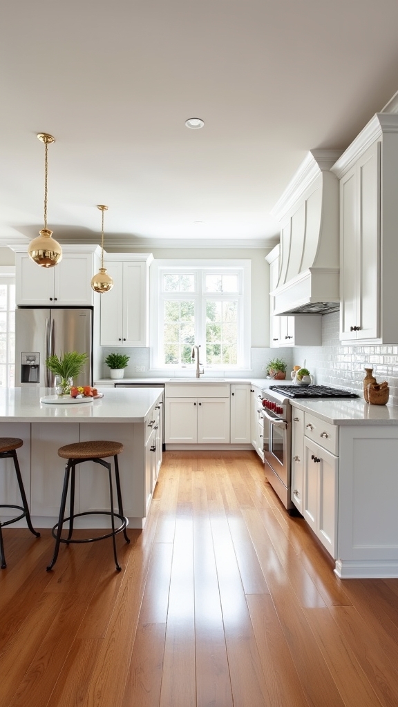 white cabinets warm flooring
