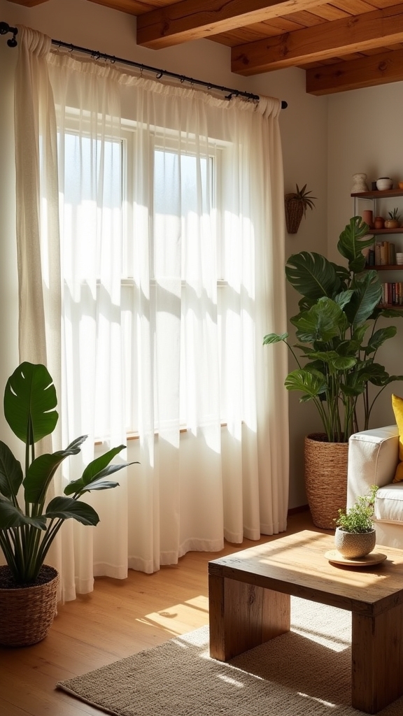 white curtains natural wood