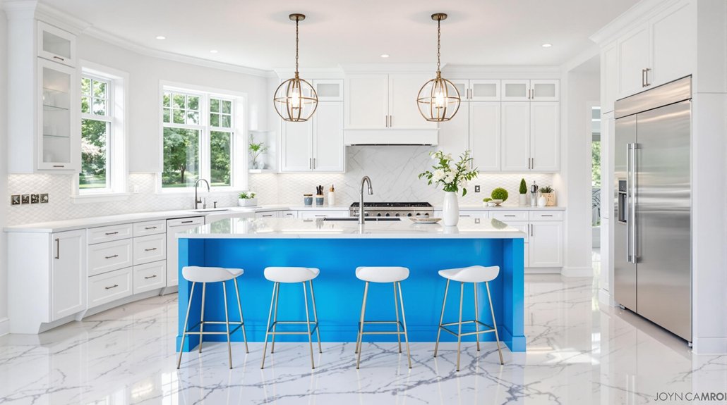 white kitchen blue island