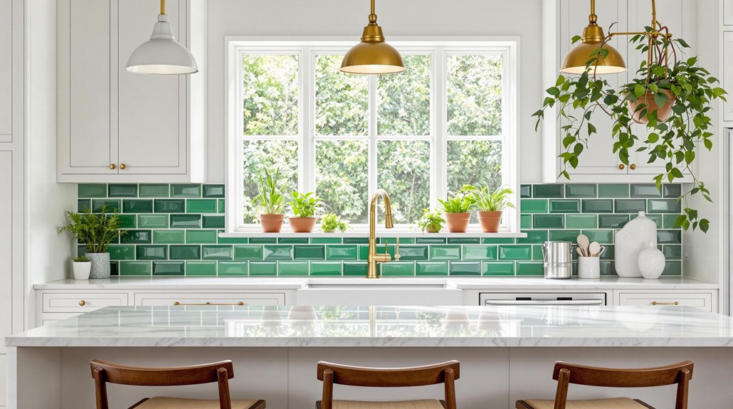 white kitchen green tiles