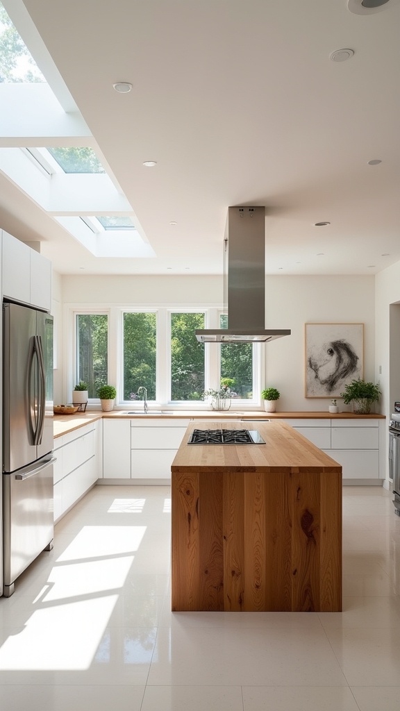 white kitchen with wood island