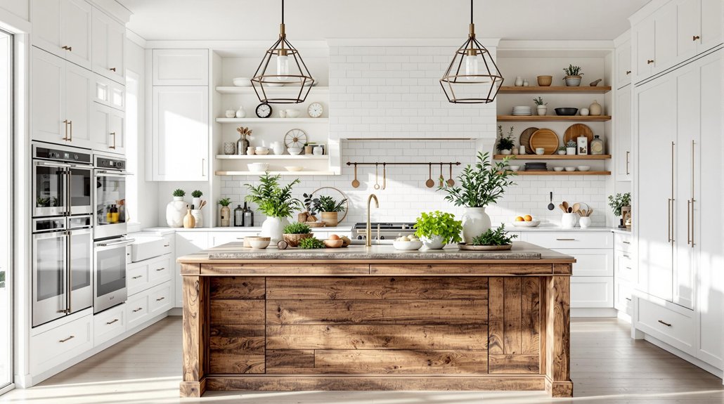 white kitchen wood island
