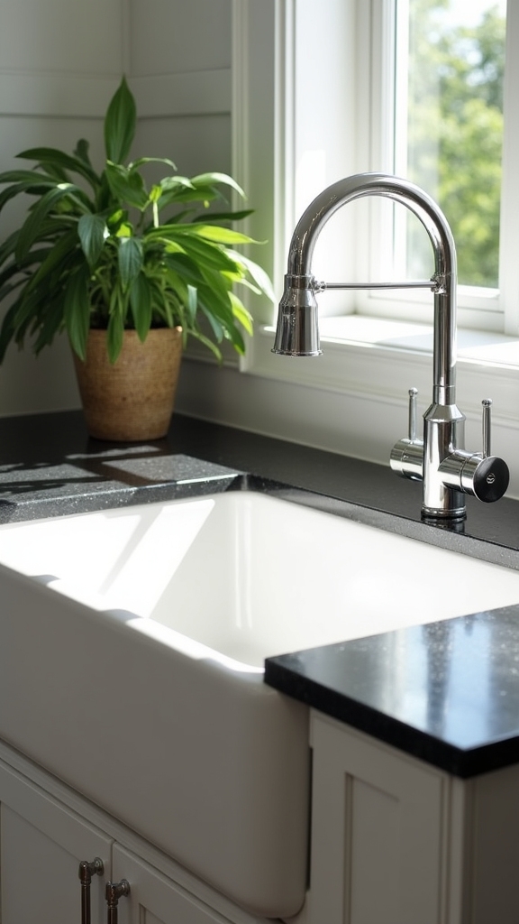 white sink dark countertops