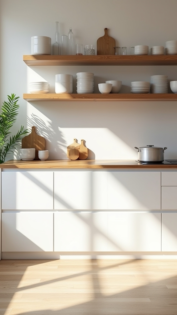 wooden shelves enhance white kitchen