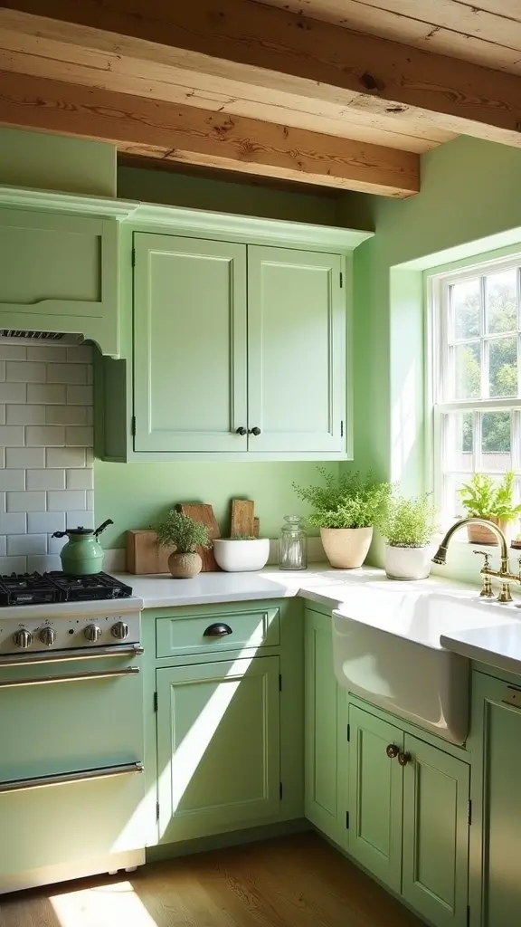 pastel greens enhance shaker cabinets